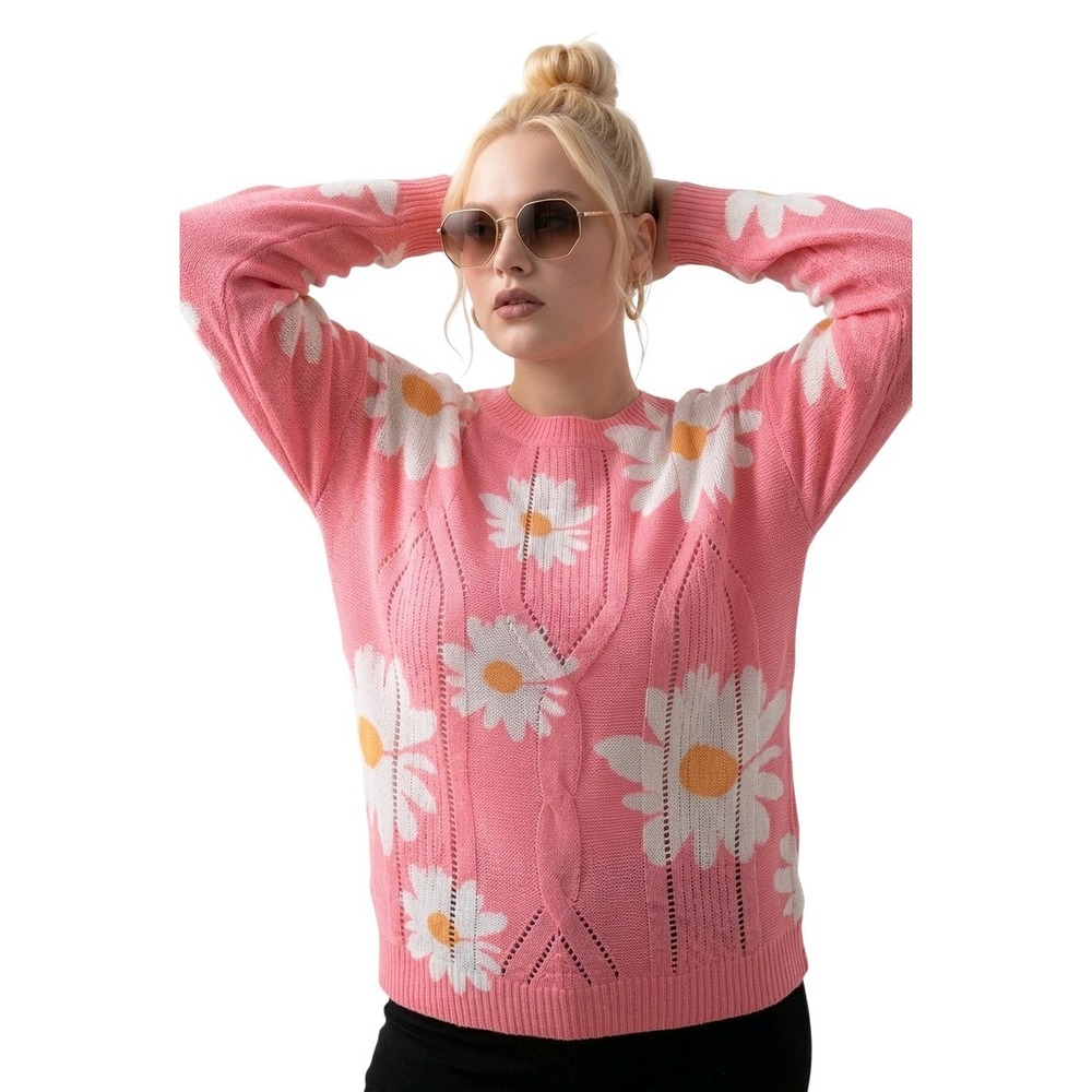 Davi & Dani Sweater Women‎ 3XL Pink Daisy Flower Cable Knit Spring Coquette